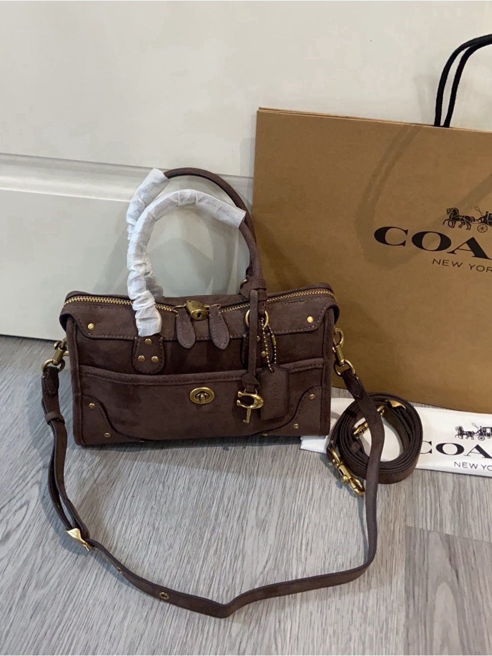 Coach Brown Suede Satchel with Gold Hardware and Removable Strap